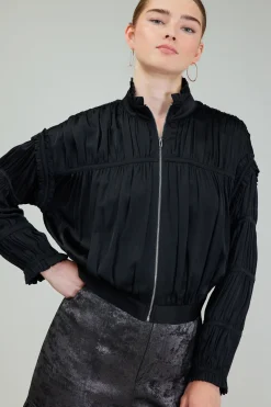 Coats & Jackets-Current Air Shirred Zip Up Jacket BLACK