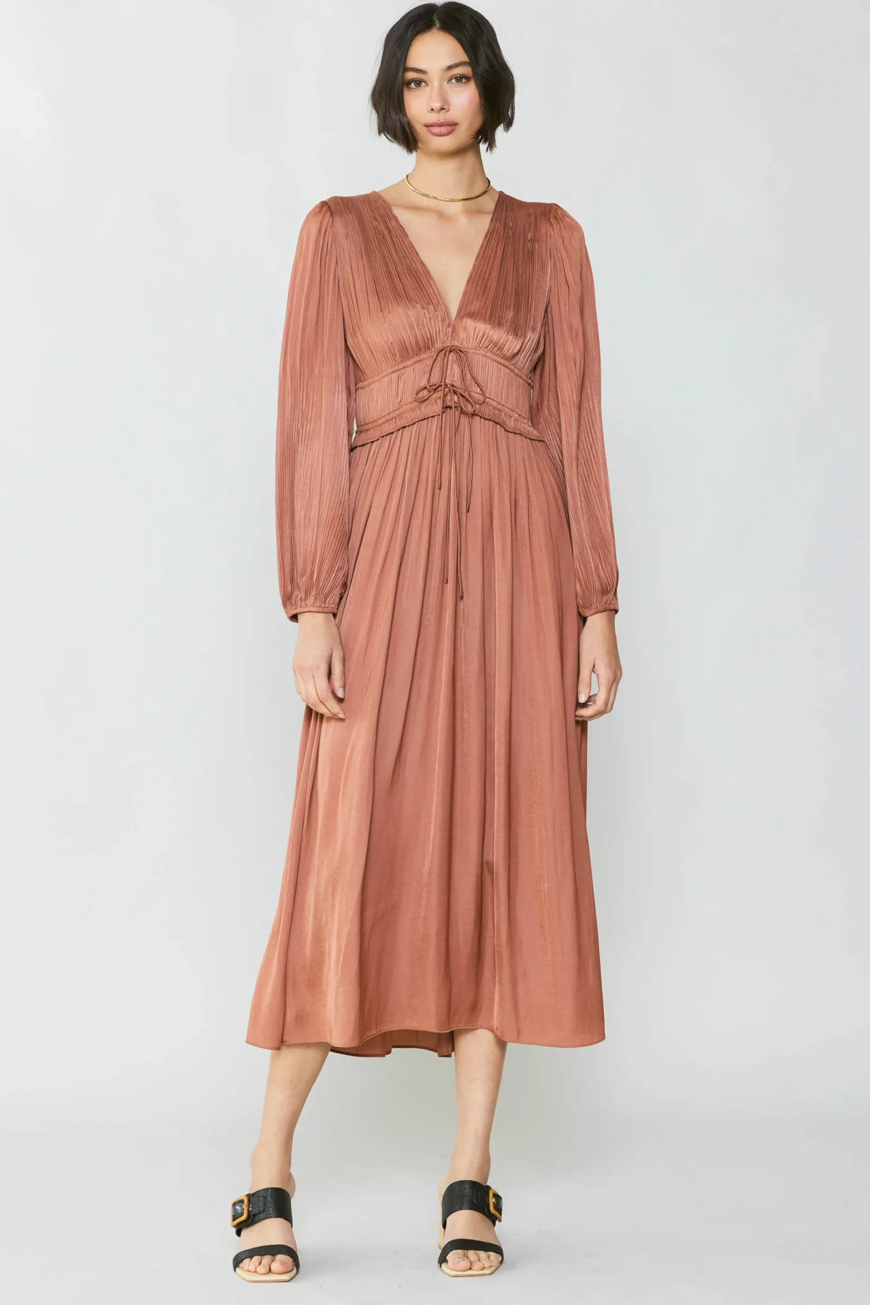 Maxi Dresses-Current Air Sidonie Pleated Maxi Dress CARAMEL