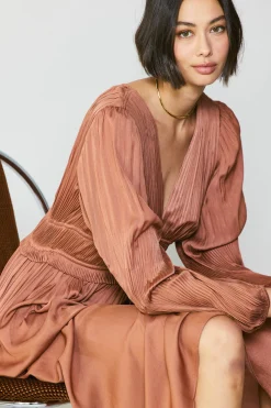 Maxi Dresses-Current Air Sidonie Pleated Maxi Dress CARAMEL