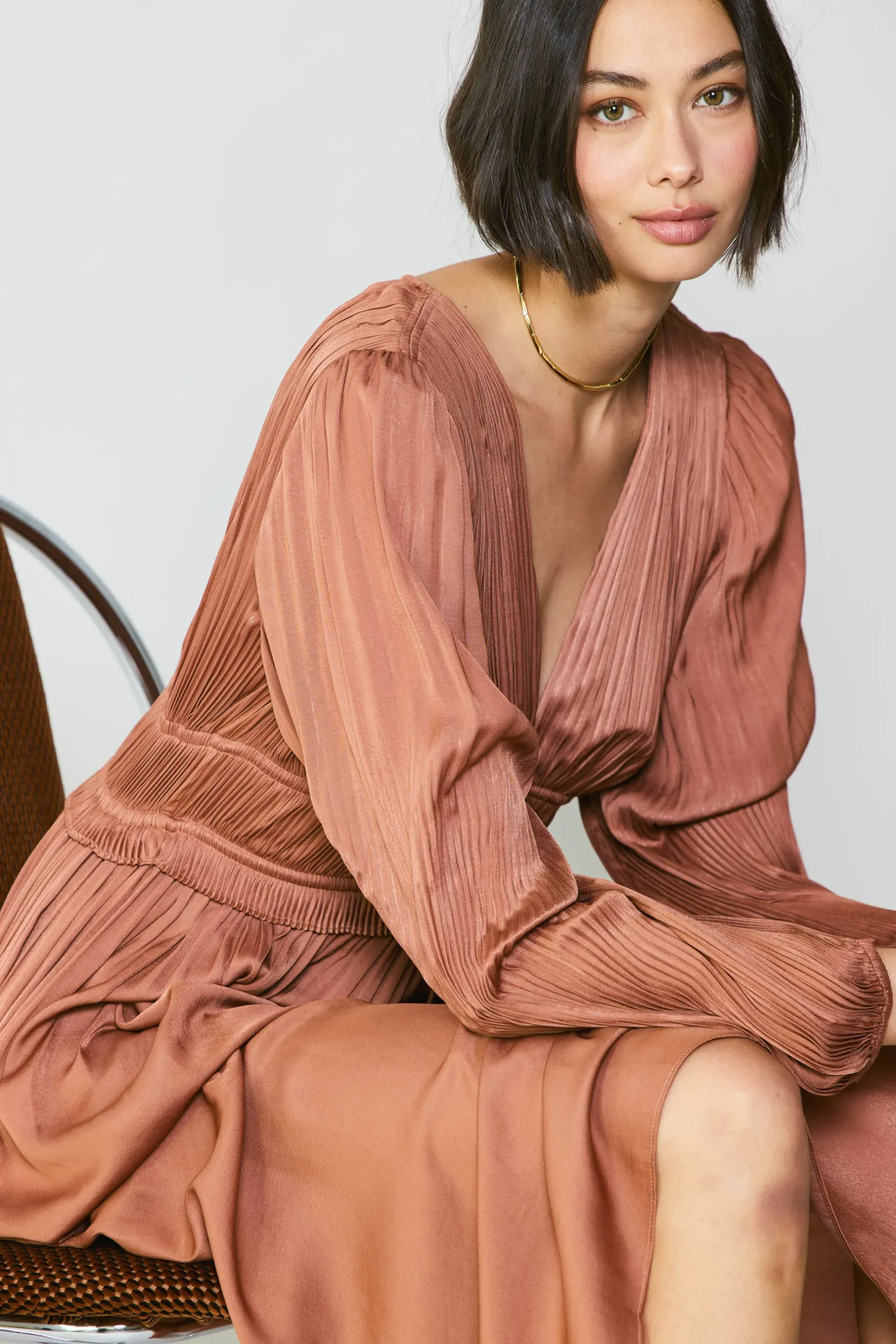 Maxi Dresses-Current Air Sidonie Pleated Maxi Dress CARAMEL