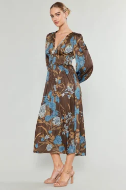 Midi Dresses-Current Air Sidonie Pleated Midi Dress BROWNFLORAL