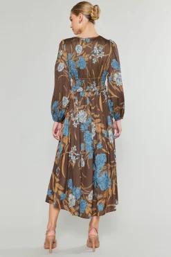 Midi Dresses-Current Air Sidonie Pleated Midi Dress BROWNFLORAL