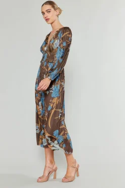 Midi Dresses-Current Air Sidonie Pleated Midi Dress BROWNFLORAL