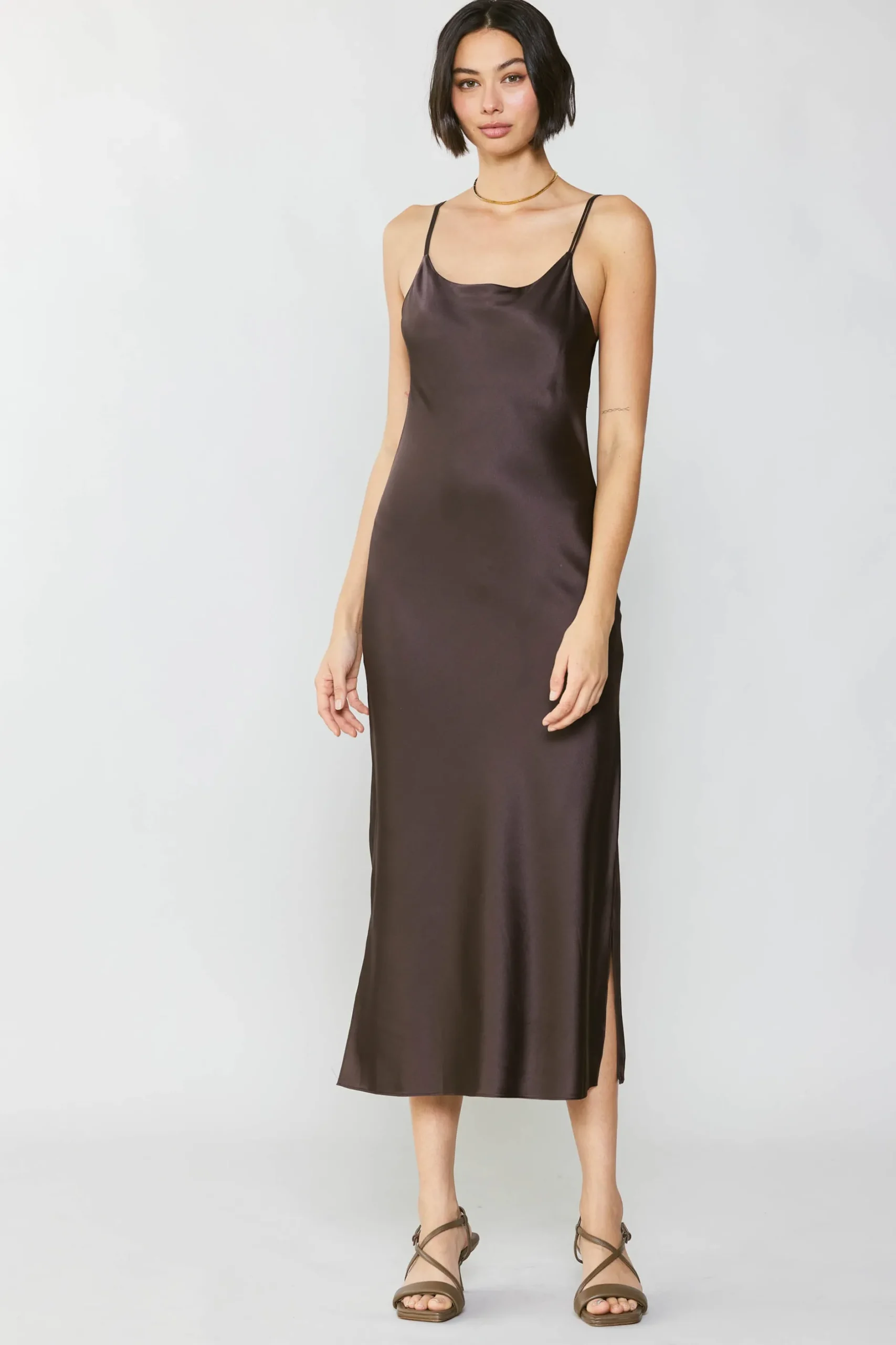 Midi Dresses-Current Air Silk Bias Midi Dress BROWN