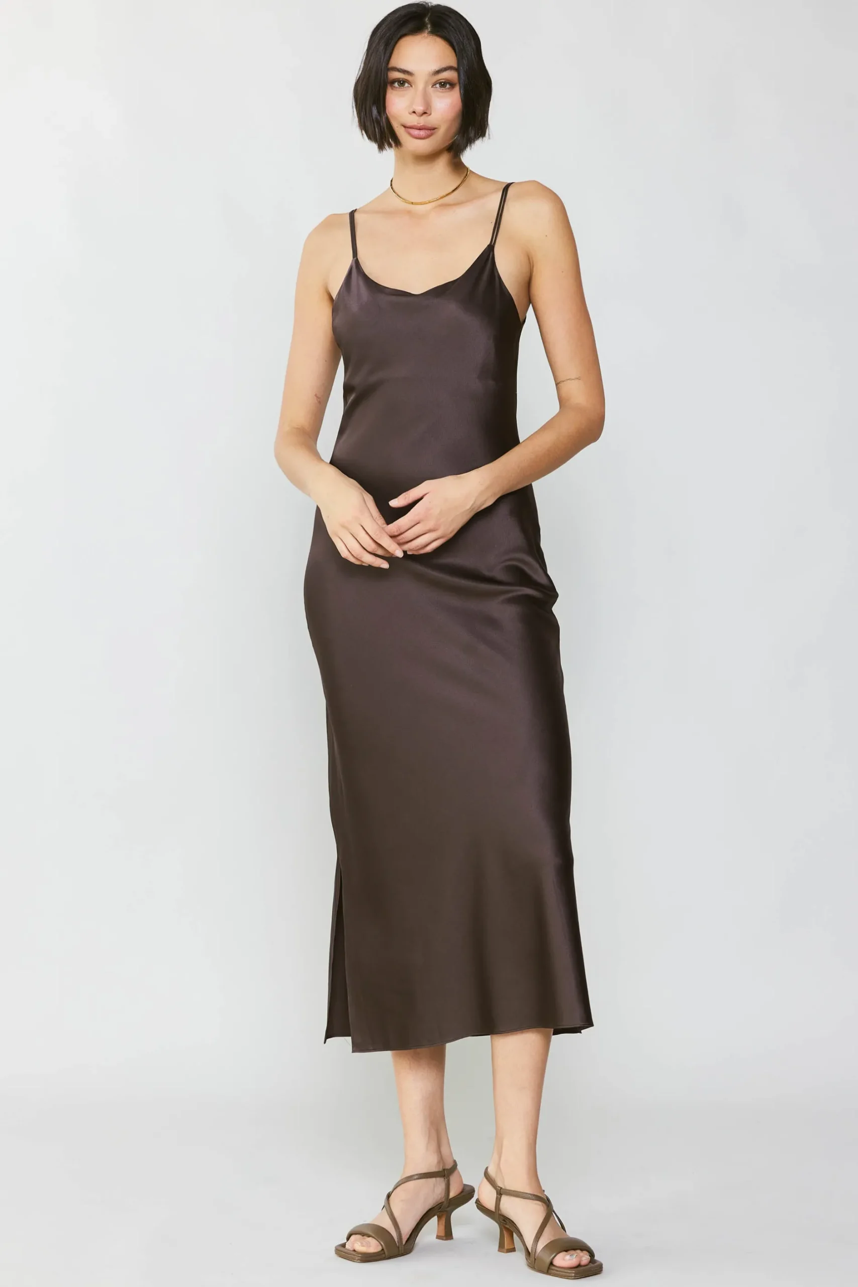 Midi Dresses-Current Air Silk Bias Midi Dress BROWN