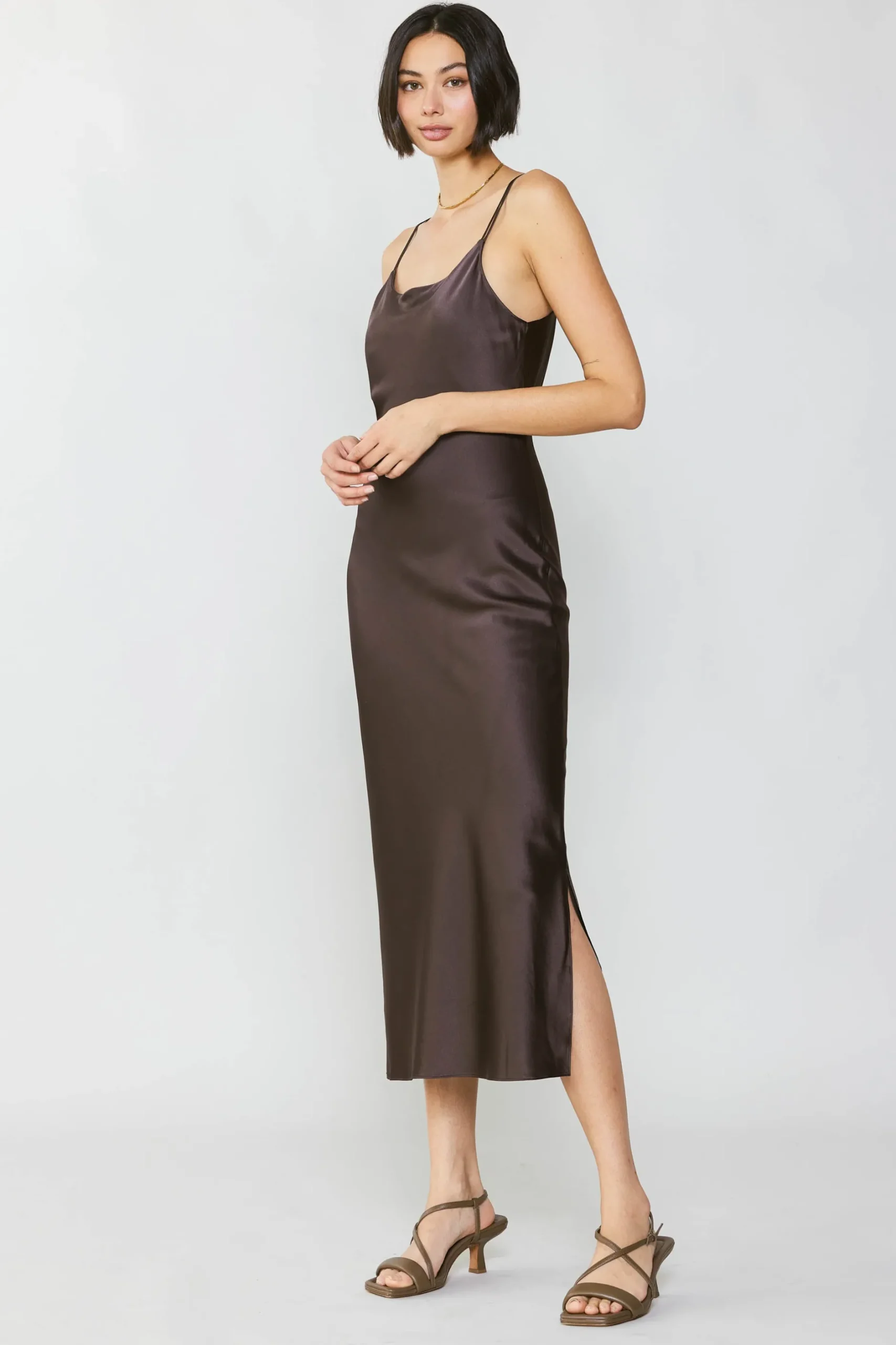 Midi Dresses-Current Air Silk Bias Midi Dress BROWN