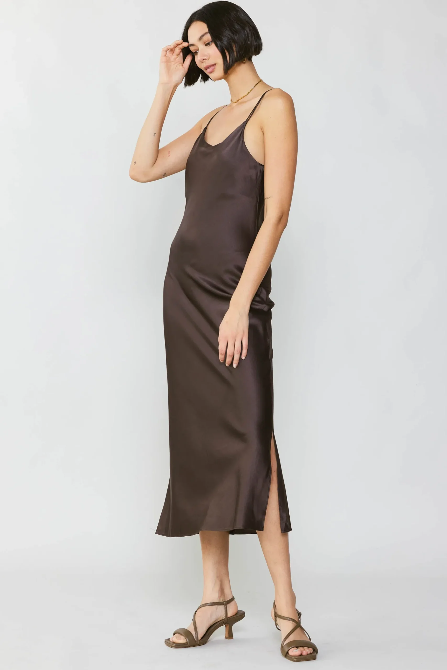 Midi Dresses-Current Air Silk Bias Midi Dress BROWN
