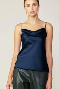 Sleeveless Tops-Current Air Silk Cowl Neck Cami NAVY