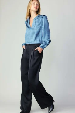 Pants-Current Air Silky Pintucked Trousers BLACK