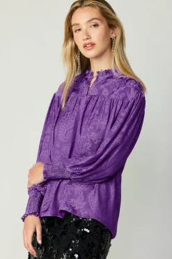 Long Sleeve Tops-Current Air Smocked Cuff Blouse HYPERVIOLET