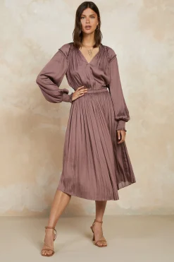 Midi Dresses-Current Air Smocked Cuff Midi Dress MAUVEBROWN