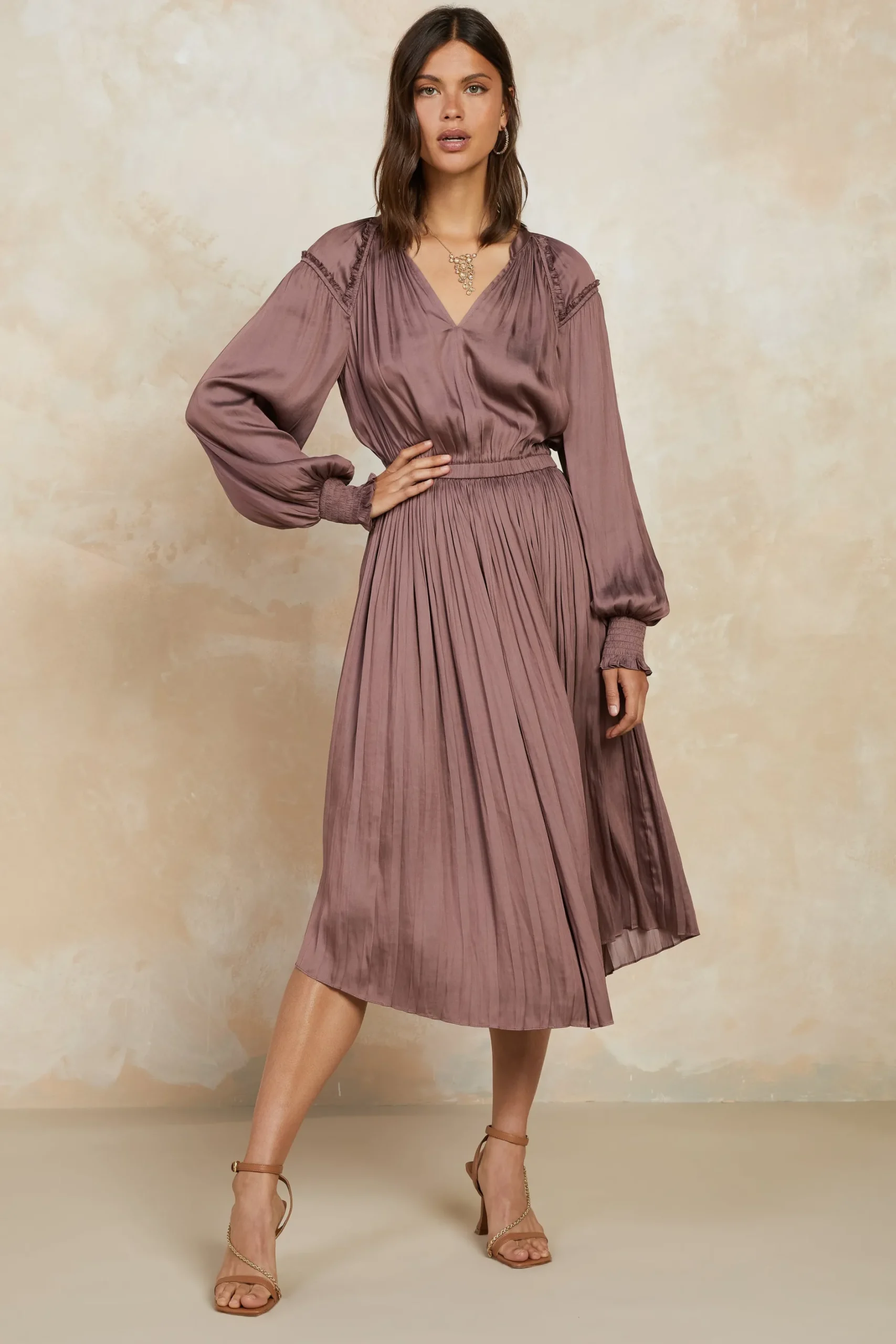 Midi Dresses-Current Air Smocked Cuff Midi Dress MAUVEBROWN