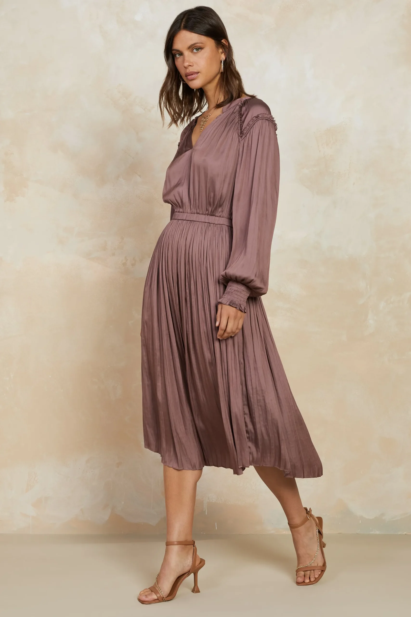 Midi Dresses-Current Air Smocked Cuff Midi Dress MAUVEBROWN