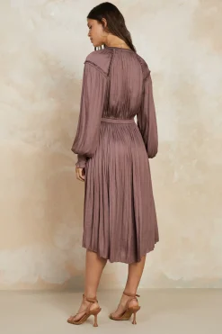 Midi Dresses-Current Air Smocked Cuff Midi Dress MAUVEBROWN