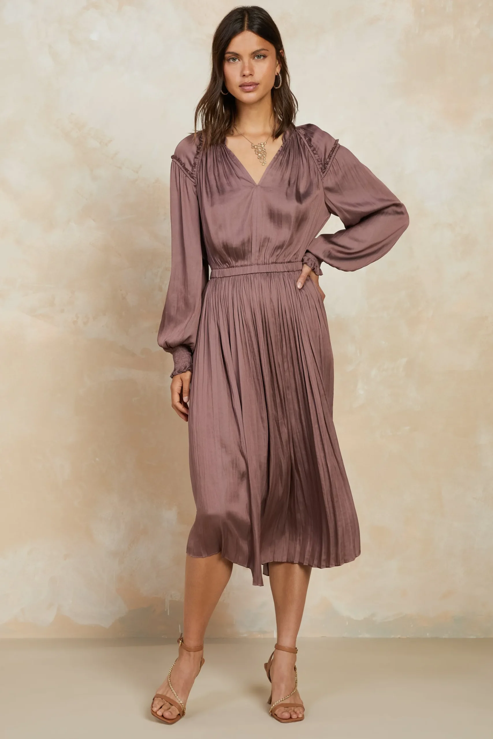 Midi Dresses-Current Air Smocked Cuff Midi Dress MAUVEBROWN