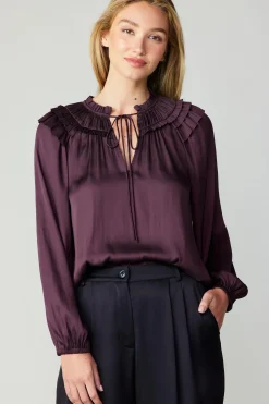 Long Sleeve Tops-Current Air Smocked Shoulder Blouse MIDNIGHTPLUM