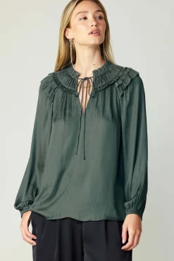 Long Sleeve Tops-Current Air Smocked Shoulder Blouse FORESTGREEN