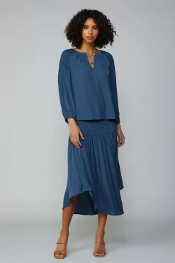 Long Sleeve Tops-Current Air Smocked Shoulder Button Blouse FRENCHNAVY