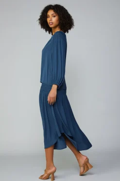 Long Sleeve Tops-Current Air Smocked Shoulder Button Blouse FRENCHNAVY