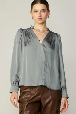 Long Sleeve Tops-Current Air Smocked Shoulder Cuffed Blouse MOSSGREY
