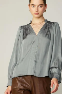 Long Sleeve Tops-Current Air Smocked Shoulder Cuffed Blouse MOSSGREY