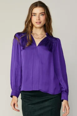 Long Sleeve Tops-Current Air Smocked Shoulder Cuffed Blouse SPACEPURPLE