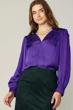 Long Sleeve Tops-Current Air Smocked Shoulder Cuffed Blouse SPACEPURPLE