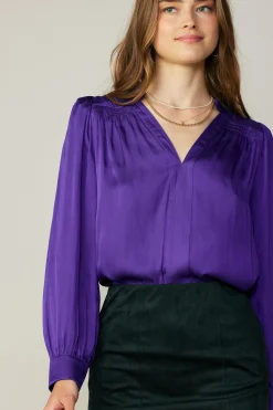 Long Sleeve Tops-Current Air Smocked Shoulder Cuffed Blouse SPACEPURPLE