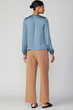 Long Sleeve Tops-Current Air Smocked Sleeve Blouse DUSTYSKY