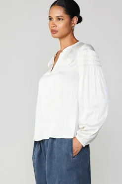 Long Sleeve Tops-Current Air Smocked Sleeve Blouse ECRU