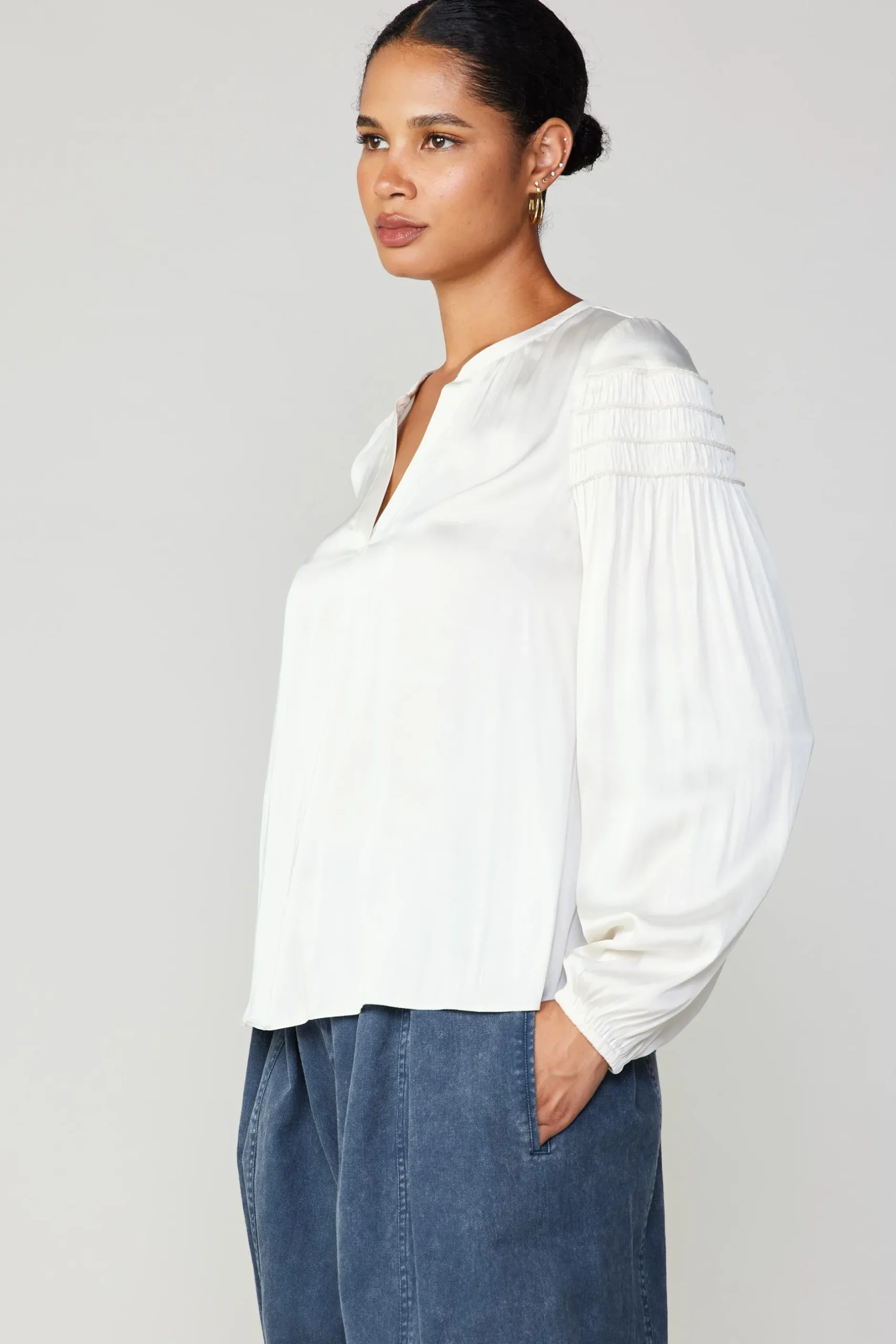Long Sleeve Tops-Current Air Smocked Sleeve Blouse ECRU