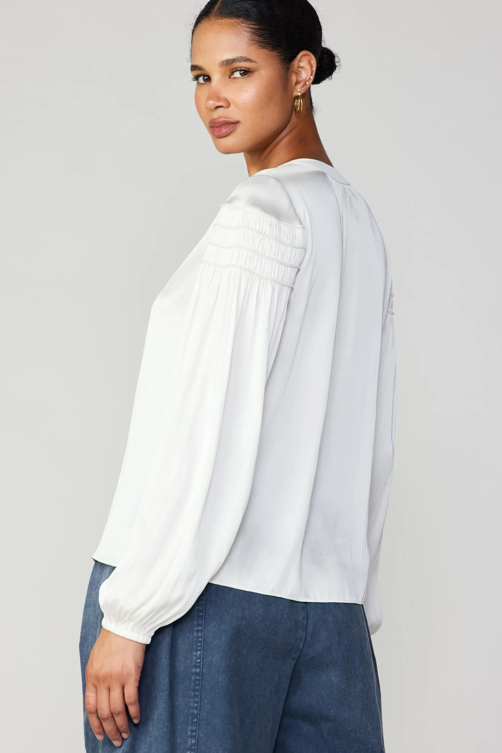 Long Sleeve Tops-Current Air Smocked Sleeve Blouse ECRU