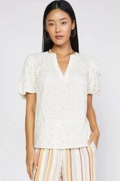 Short Sleeve Tops-Current Air Smocked Sleeve Top IVORY