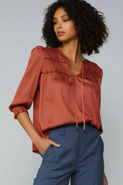 Long Sleeve Tops-Current Air Smocked Split Neck Blouse ROSEWOOD