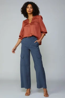 Long Sleeve Tops-Current Air Smocked Split Neck Blouse ROSEWOOD