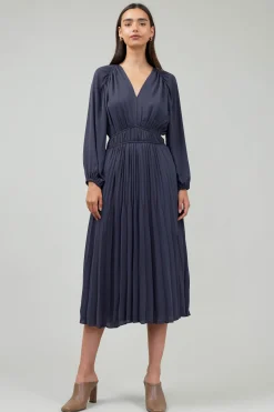 Midi Dresses-Current Air Smocked Vneck Midi Dress DARKSLATENAVY