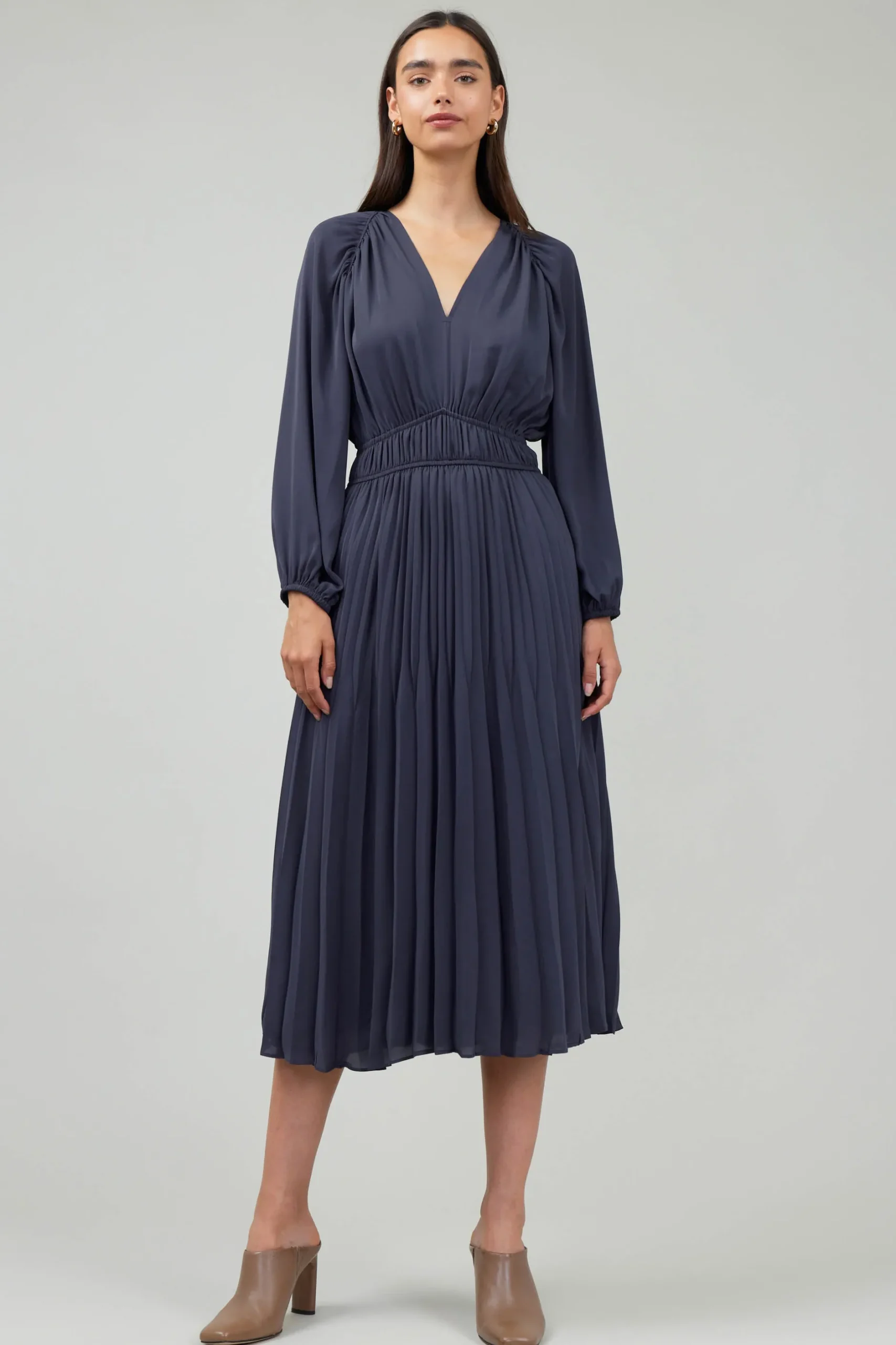Midi Dresses-Current Air Smocked Vneck Midi Dress DARKSLATENAVY
