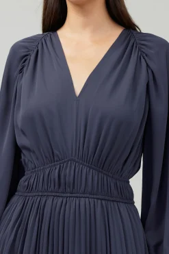 Midi Dresses-Current Air Smocked Vneck Midi Dress DARKSLATENAVY