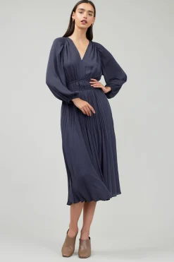 Midi Dresses-Current Air Smocked Vneck Midi Dress DARKSLATENAVY