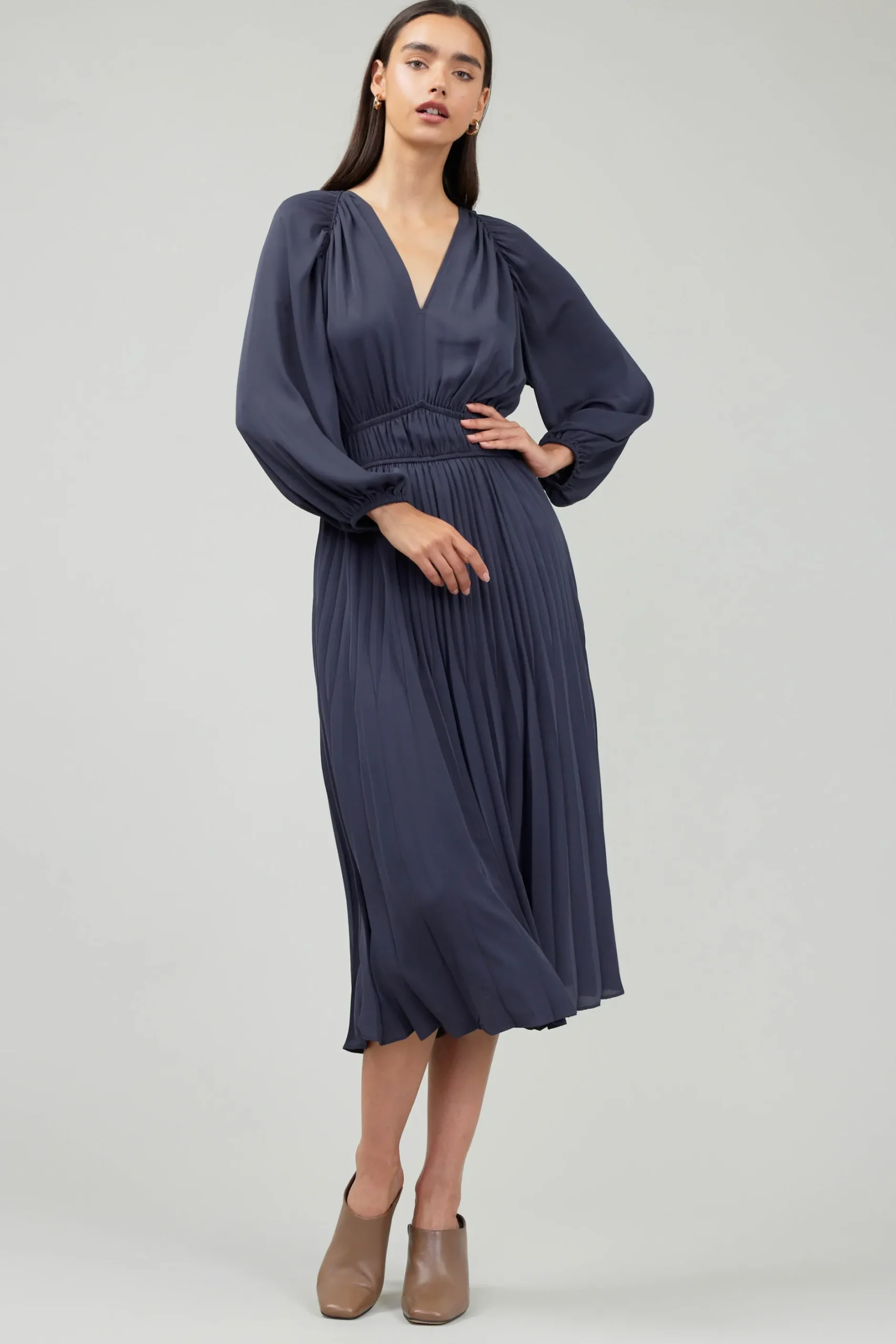 Midi Dresses-Current Air Smocked Vneck Midi Dress DARKSLATENAVY