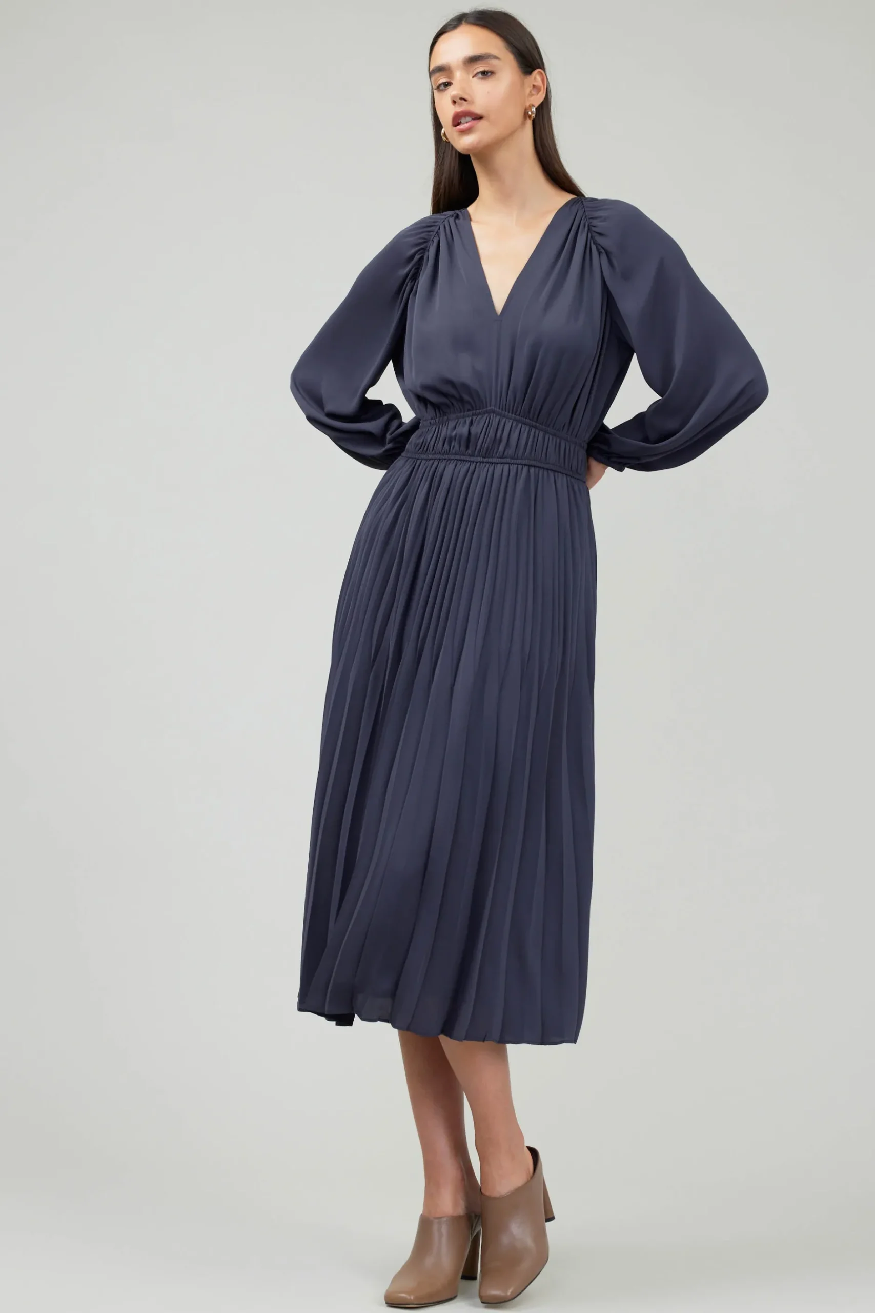 Midi Dresses-Current Air Smocked Vneck Midi Dress DARKSLATENAVY