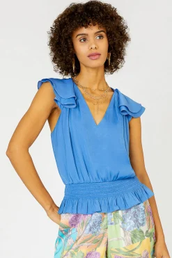 Sleeveless Tops-Current Air Smocked Waist Cap Sleeve Top FADEDBLUE