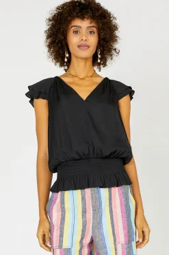 Sleeveless Tops-Current Air Smocked Waist Cap Sleeve Top BLACK