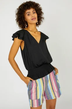 Sleeveless Tops-Current Air Smocked Waist Cap Sleeve Top BLACK