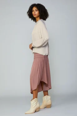 Skirts-Current Air Smocked Waist Midi Skirt DUSTYCLAY