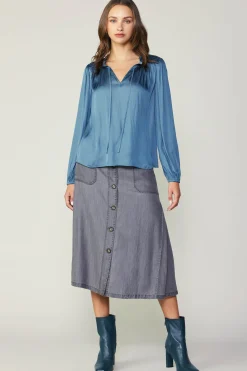 Long Sleeve Tops-Current Air Smocked Yoke Blouse AEGEANBLUE