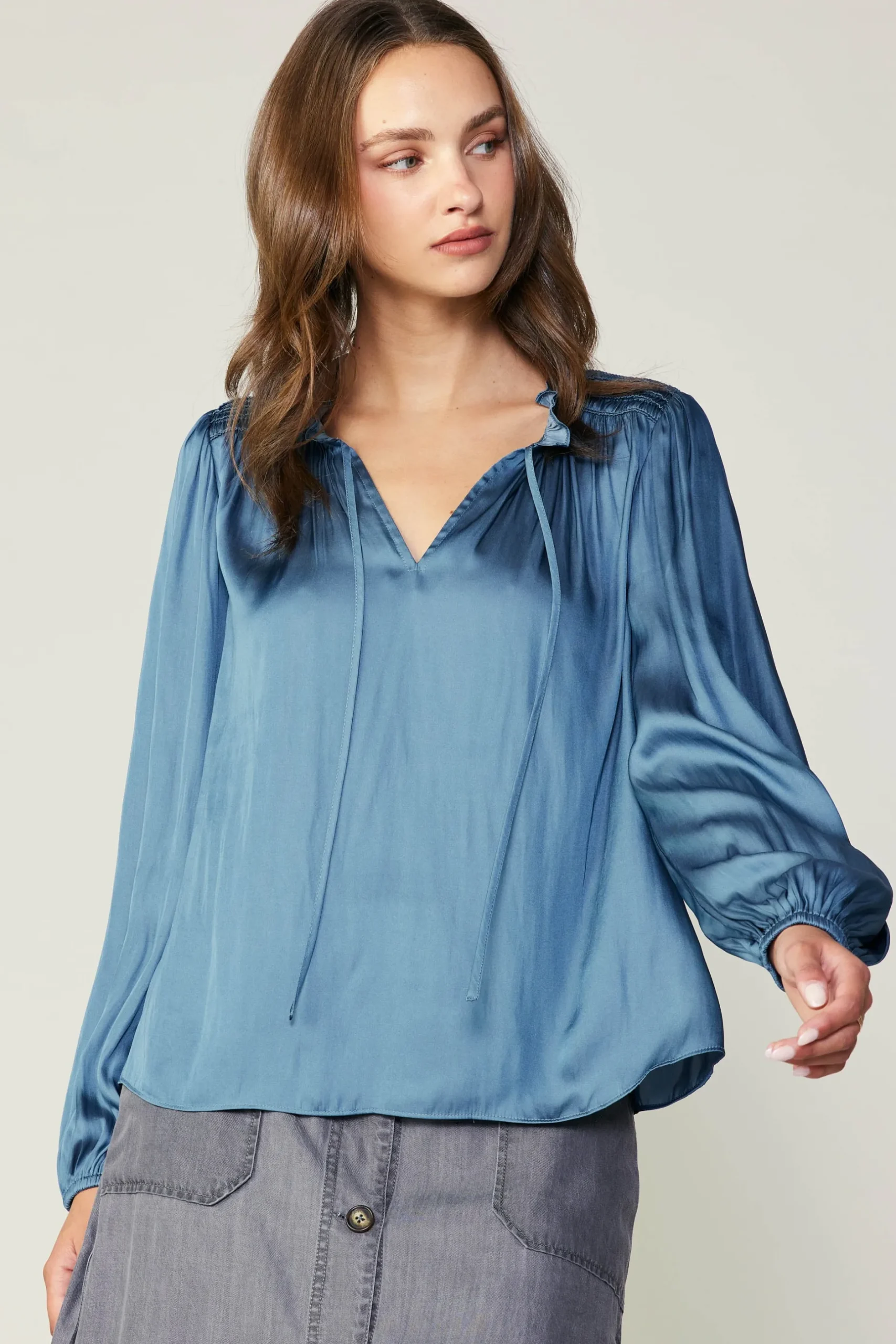 Long Sleeve Tops-Current Air Smocked Yoke Blouse AEGEANBLUE