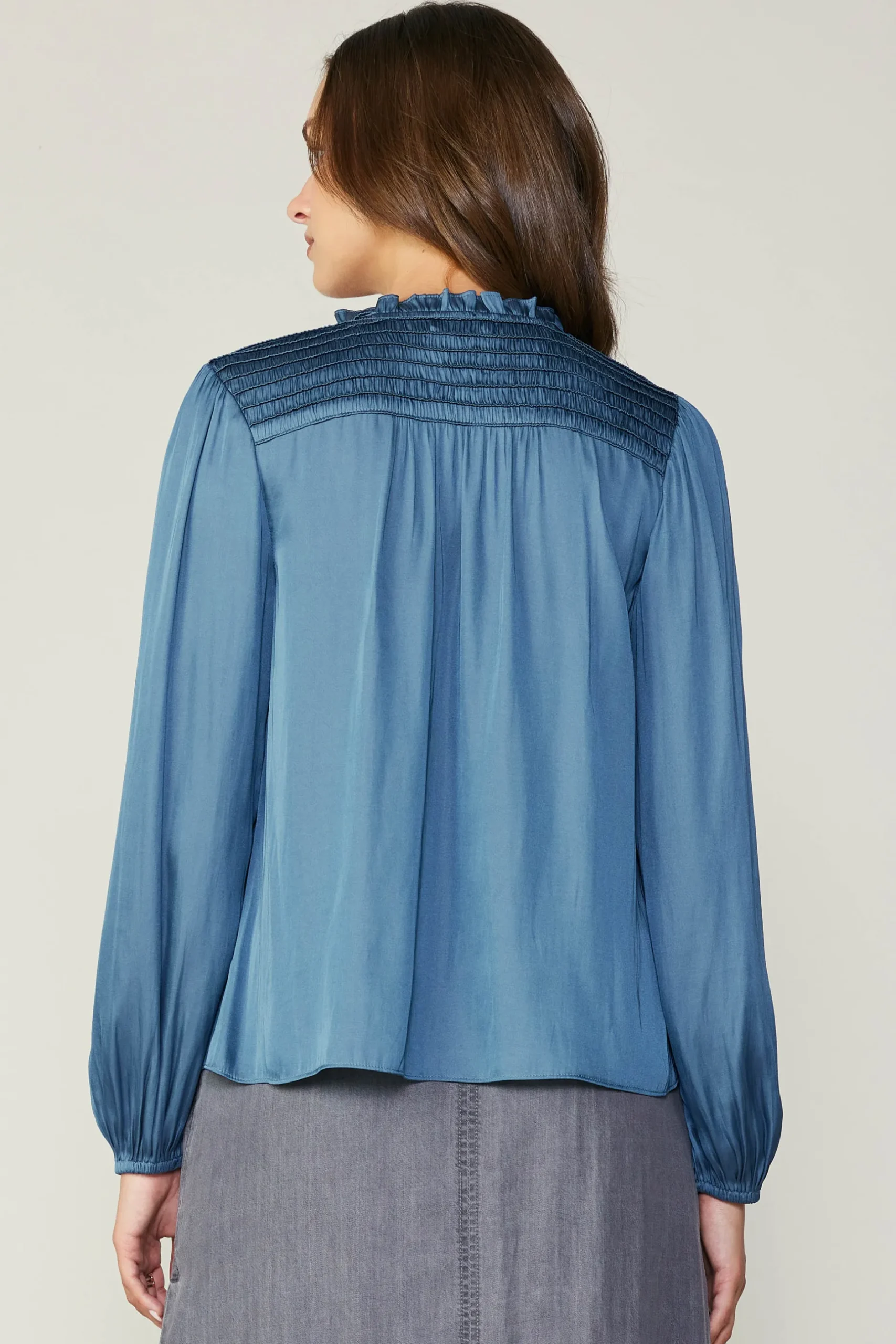 Long Sleeve Tops-Current Air Smocked Yoke Blouse AEGEANBLUE