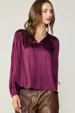 Long Sleeve Tops-Current Air Smocked Yoke Blouse WINE