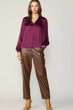 Long Sleeve Tops-Current Air Smocked Yoke Blouse WINE
